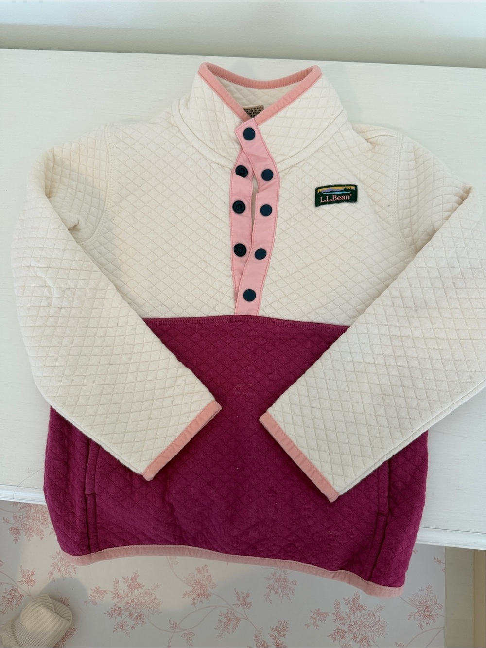 L.L. Bean Kids Two-Tone Quilted Pullover - Cream & Berry Pink size 4